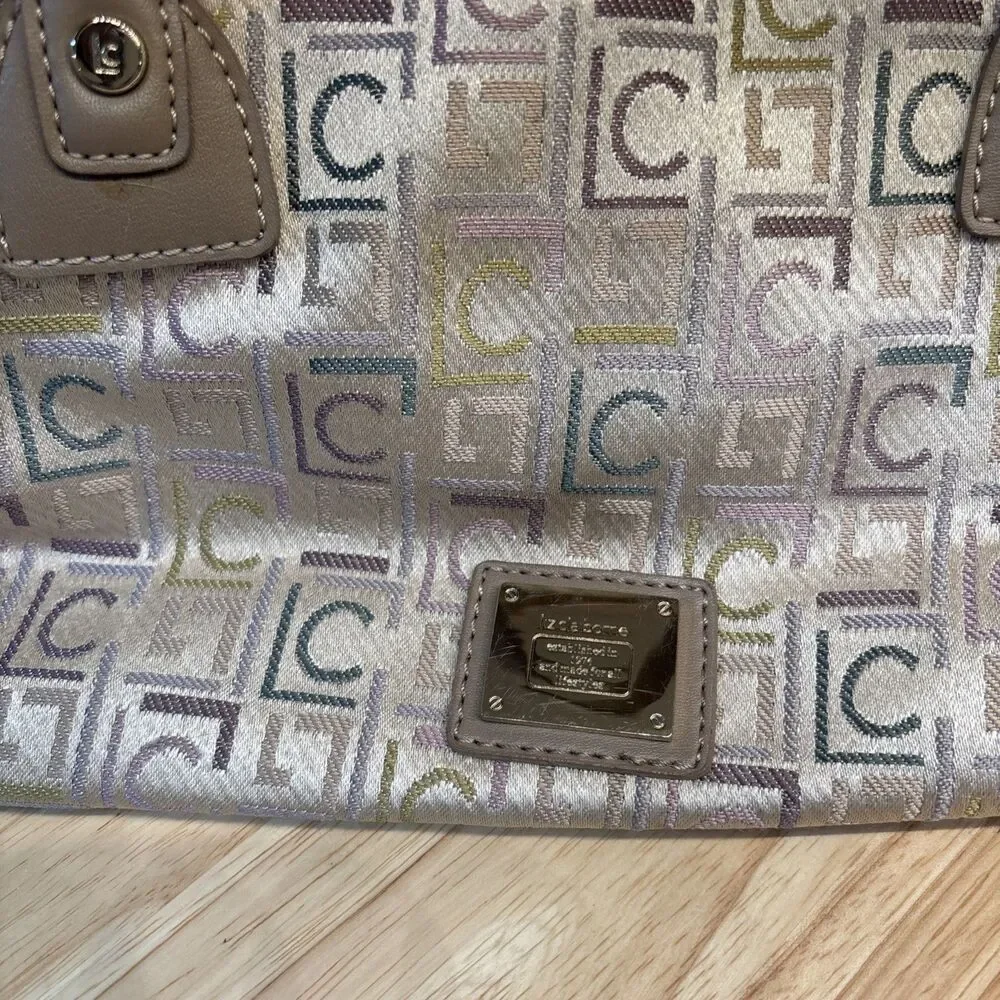 Vintage Liz Claiborne Handbag Beige Silver Two Handle Monogram Satchel Y2K